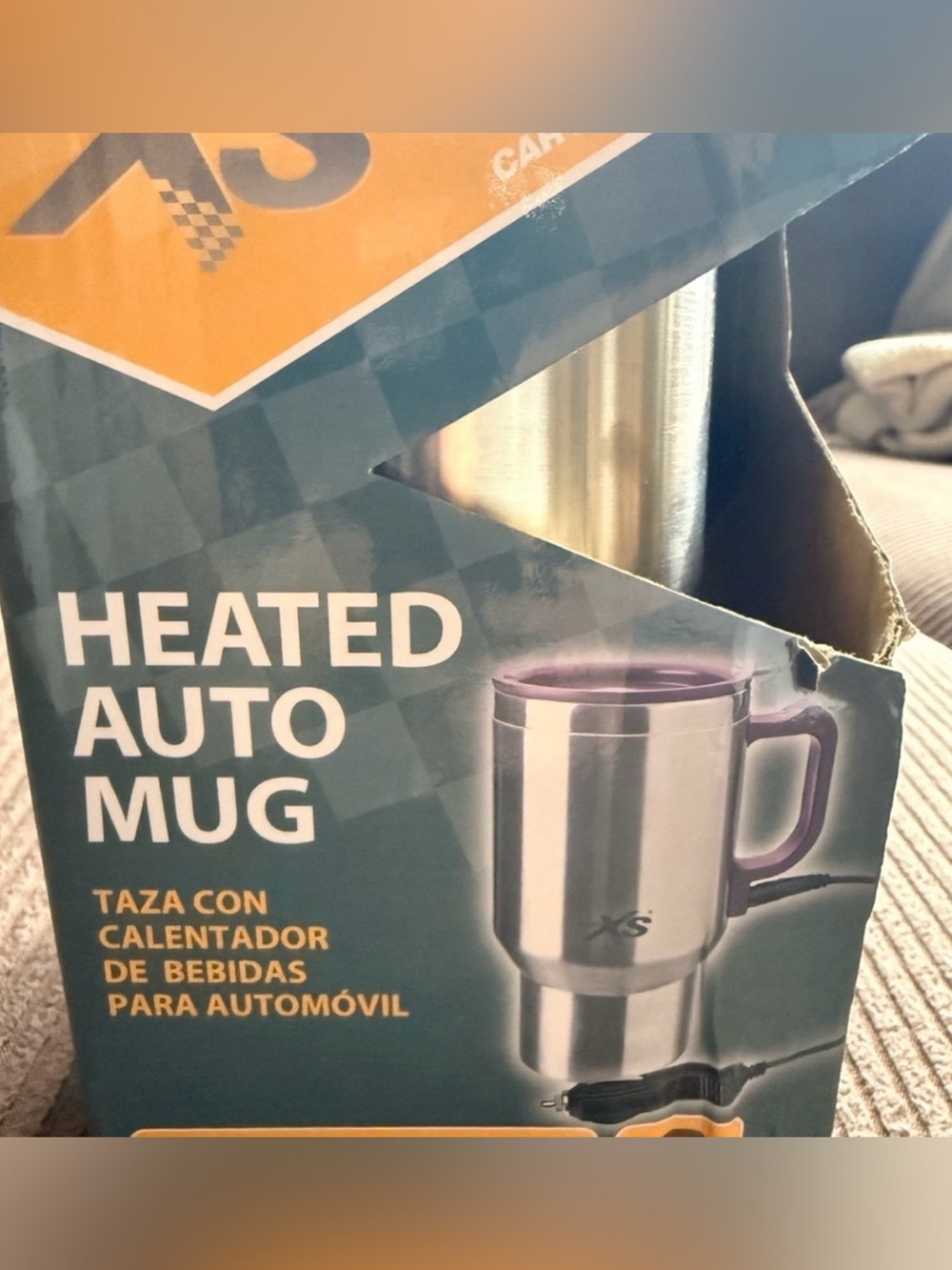 Heated Auto Mug Stainless Steel Travel Cup with Purple Handle